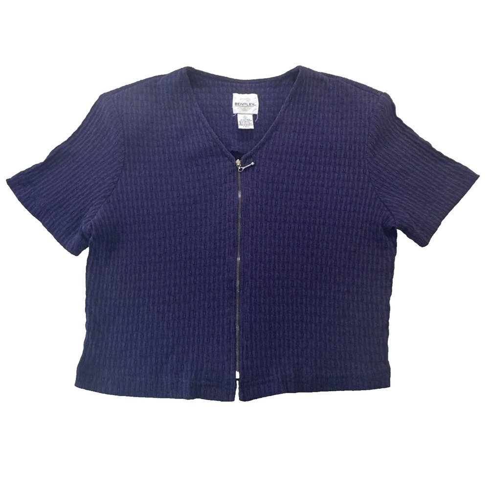80s 90s VTG TR Bentley Purple Zip Shirt Shoulder Pads Short Sleeve Coquette Top